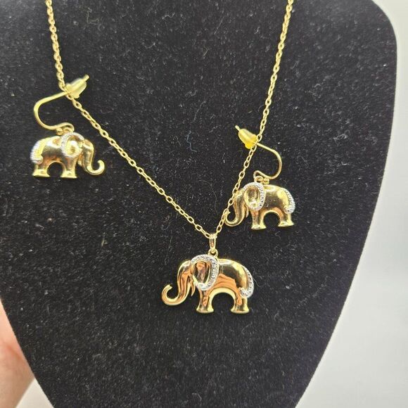 Gold Tone Elephant Necklace Earrings Set Crystal Accents 18" - Picture 3 of 6